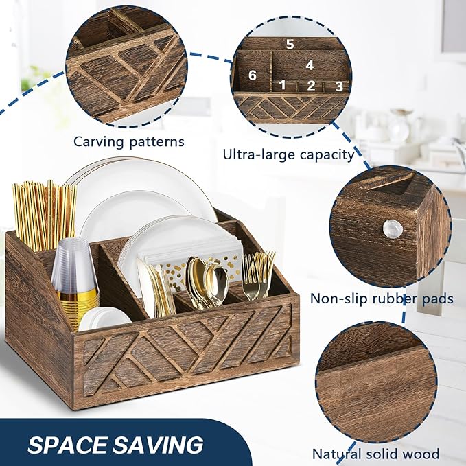 Paper Plate Dispenser, Paper Plate Holder for Kitchen Counter, Wood Rustic Silverware Utensil Caddy, Cutlery Flatware Organizer Box for Cups Spoons Forks Plates Napkins, Kitchen Accessories (Brown)