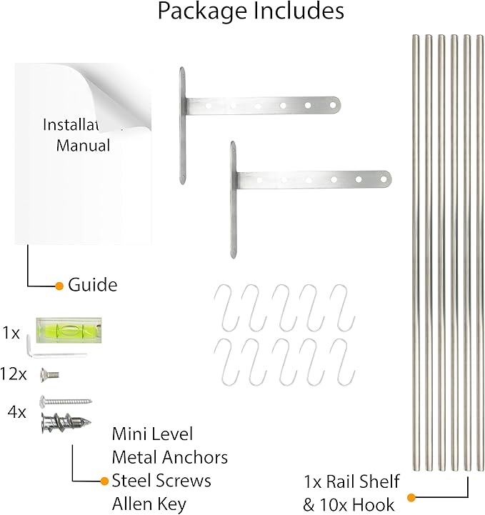 Wallniture Lyon Kitchen Organization and Storage Rack, Stainless Steel Metal Wall Shelf with 10 S Hooks for Hanging Pots and Pans, Chrome