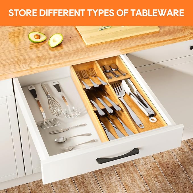 Bamboo Silverware Drawer Organizer, Removable Dividers Kitchen Utensil Drawer Organizer for Different Dimension Flatware, Spoons, Forks, Knives (Natural, 5 Slots)