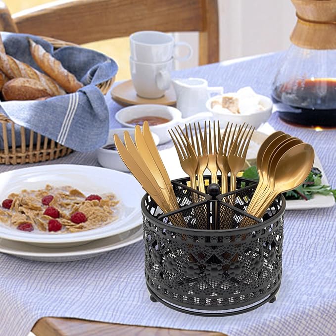 360° Rotating Metal Utensil Caddy - 4 Compartment Vintage Silverware Cutlery Holder Fork Spoon Napkin Organizer Flatware Storage Basket Party Countertop Buffet Picnic Camping Outdoor Black