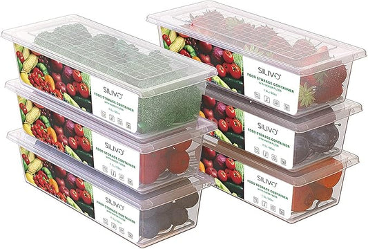SILIVO Produce Saver Containers for Refrigerator (6 Pack) - 1.5L Fruit Storage Containers for Fridge, Vegetable Storage Containers with Drain Tray Keep Fresh for Veggie, Fruit, Lettuce and Salad