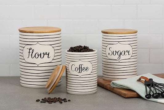 10 Strawberry Street Coffee, Sugar, Flour Kitchen Canister, 3 Piece Set, Everyday Black/White