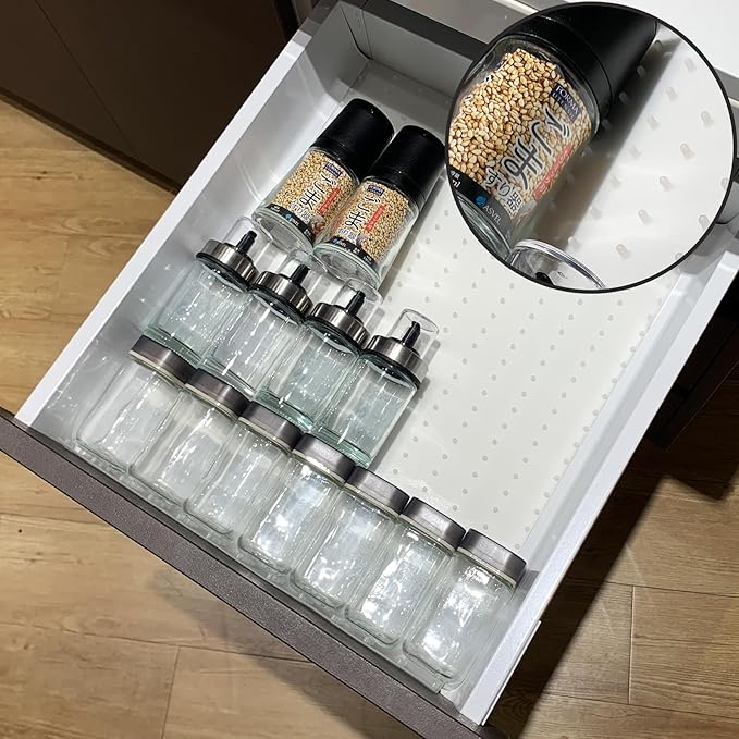 Gosmol Spice Drawer Organizer insert, Adjustable & Non-Slip Silicone Spice Drawer Liner, in Drawer Spice Organizer for Seasoning Jars and Spices Bottles, Set of 2-White