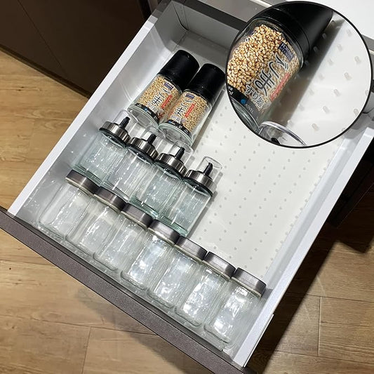 Gosmol Spice Drawer Organizer insert, Adjustable & Non-Slip Silicone Spice Drawer Liner, in Drawer Spice Organizer for Seasoning Jars and Spices Bottles, Set of 2-White