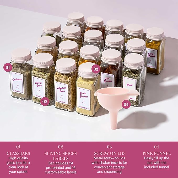 Paris Hilton Glass Spice Jar Storage Set, 4-Ounce Empty Spice Jars with Labels, Shaker Caps and Metal Lids, Collapsible Funnel Included, 20-Piece, Pink (Pack of 2)