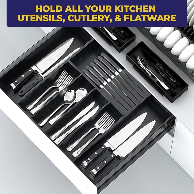 Bamboo Wood Drawer Organizer With Dividers and Removable Knife Block - Silverware and Kitchen Organizer - 12.75-22 x 17 x 2 In (Black)