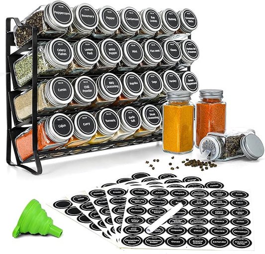 VITEVER Spice Rack with 28 Spice Jars, Organizer for Cabinet, Spice Jars with Labels, Chalk Marker and Funnel, 4 Tier, Countertop, Pantry, Cupboard, Door or Wall Mount, Black