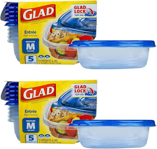 GladWare Entree Food Storage Containers, Medium Square Holds 25 Ounces of Food | Tupperware, Plastic Food Container, Meal Prep Container, Plastic Containers with Lids, 5 Count - 2 Pack