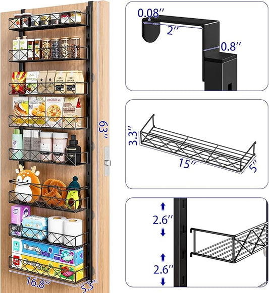 Over the Door Organizer, Black 8-Tier Pantry Door Organizer with Adjustable Basket, Hanging Spice Rack Cabinet Door Shelves, Laundry Room Organization and Storage