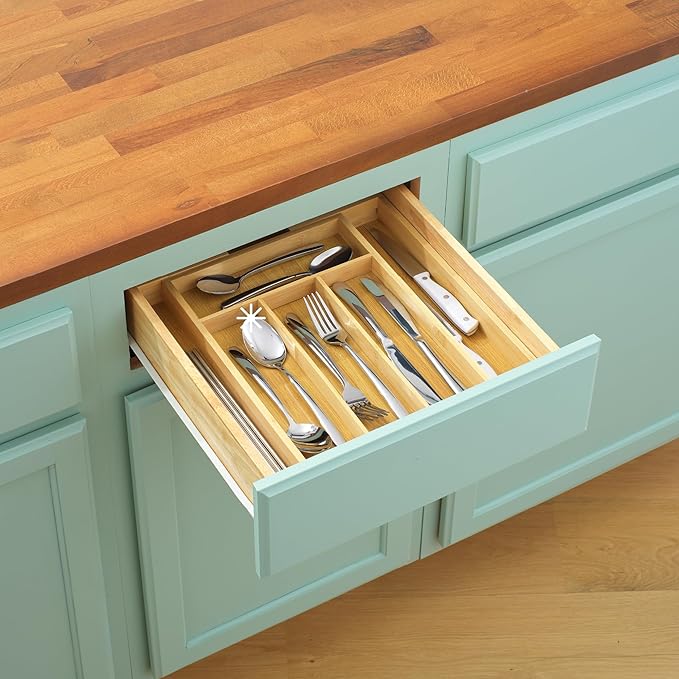 JoyJolt Bamboo Expandable Drawer Organizer for Kitchen Utensils, Adjustable Cutlery Tray, Bamboo Drawer Dividers Organizer for Silverware, Flatware, Knives in Kitchen, Bedroom (4-6 Slots)