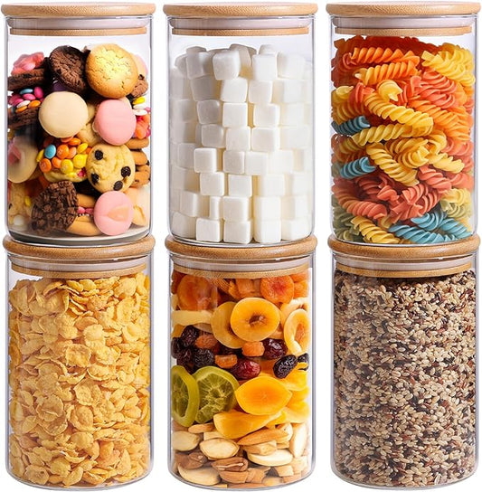ComSaf 32oz Glass Storage Containers with Lids, Glass Jars with Lids, Clear Food Storage Jar, Round Canister Set of 6, Pantry Organizers for Cookie Pasta Flour Rice Tea Coffee Bean