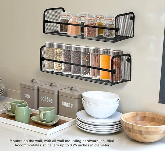 Greenco Wall Mount Single Tier Mesh Spice Rack, Black, Set 2