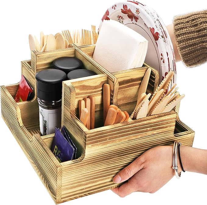 Paper Plate Dispenser, Wood Rustic Utensil Holder Silverware Caddy for Cups Spoons Forks Napkins, Cutlery Flatware Organizer with 9 Compartments for Party, Kitchen Countertop, Camping, Buffet