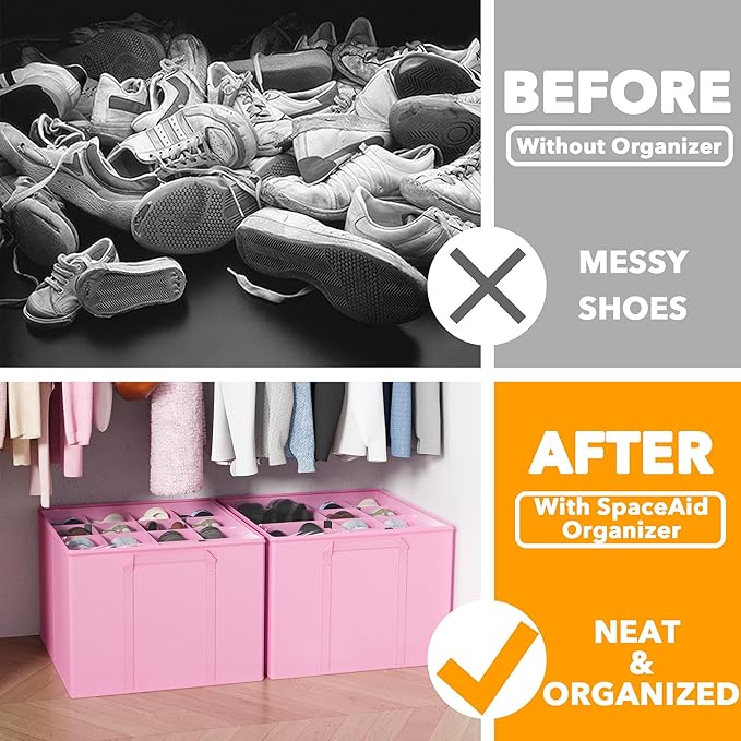 SpaceAid Shoe Organizer for Closet, 2 Pack Foldable Shoe Storage Containers Baskets Boxes Bins w/Adjustable Dividers, Fits 16-32 Pairs, Pink