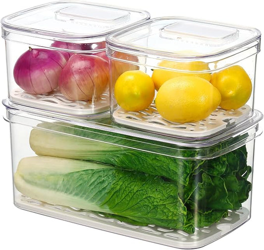 Felli Veggie Keeper Container for Fridge with Air Vent + Drain Tray, SPACIOUS Vegetable Fruit Bin for LONG LARGE Produce Lettuce Cabbage Celery Cucumber Storage for Refrigerator, Keep Fresh Long