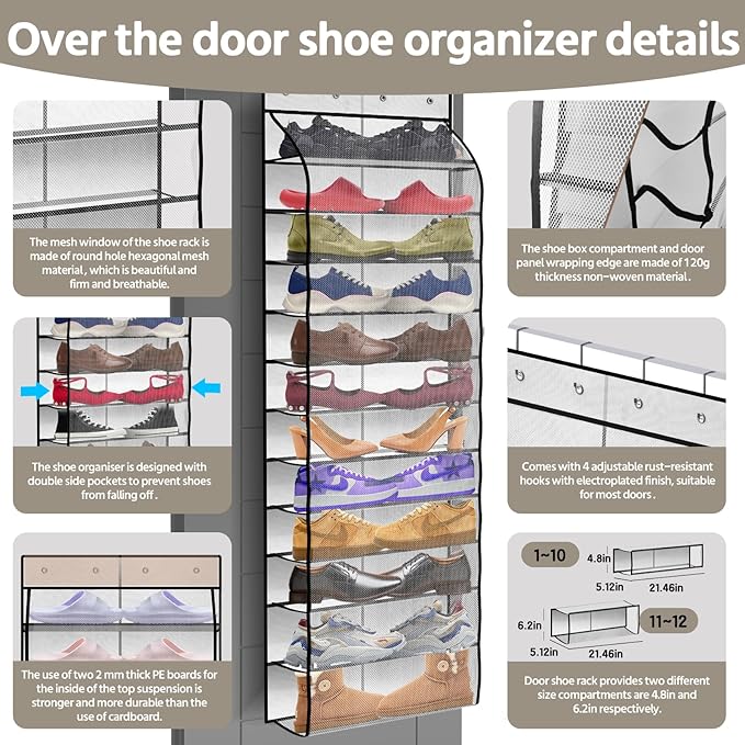 12 Pocket Over the Door Shoe Organizer,Reusable Breathable Large Mesh Bag Men's & Women's Sneaker Organizer,Shoe Organizer for Kids,Hanging Shoe Storage Hanging Bag (White)