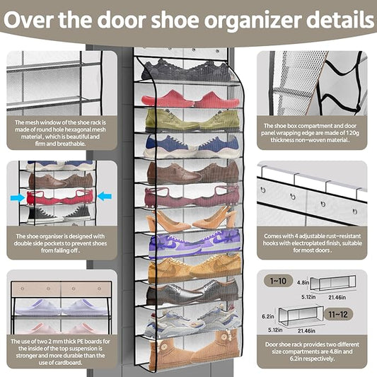 12 Pocket Over the Door Shoe Organizer,Reusable Breathable Large Mesh Bag Men's & Women's Sneaker Organizer,Shoe Organizer for Kids,Hanging Shoe Storage Hanging Bag (White)