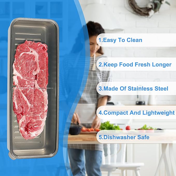 Bacon Container for Refrigerator - 304 Stainless Steel Fridge Storage, Fresh Keeper for Deli Meat, Airtight With Lids, Dishwasher Safe