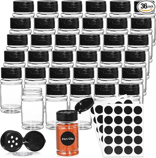 Tosnail 36 Pack 2.7 Oz Small Plastic Spice Bottles with Black Shaker Lids and Labels, Empty Plastic Jars with Lids, Seasoning Shaker Containers for Travel, Camping, Glitter, Gift, Party Favors - Clear