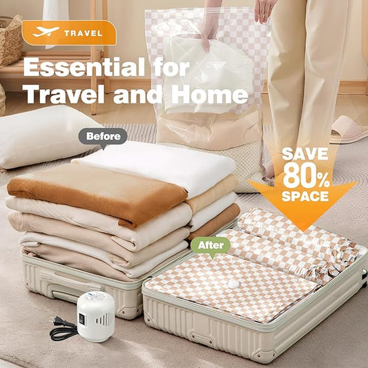 10 Pack Travel Vacuum Storage Bags with Electric Pump, 2 Large+4 Medium+4 Small Vacuum Sealer Bags, 80% Space Saver Bags for Luggage, Comforters and Blankets, Travel Essentials(Light Pink Checkered)
