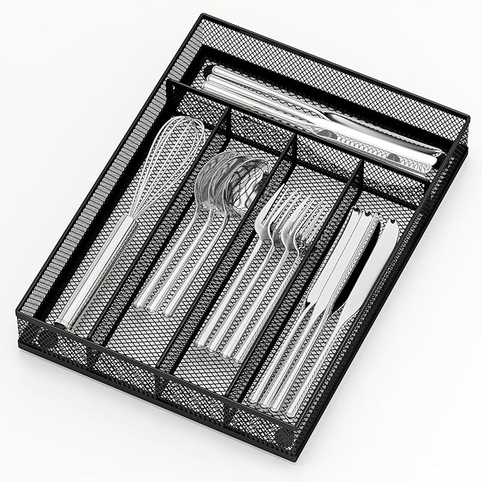 Kitchen Drawer Organizer Flatware Organizer，Drawer Dividers with 5 Compartment，Silverware Organizer Metal Mesh Cutlery Tray Mesh Organizer (9.3" x 12.6 ")