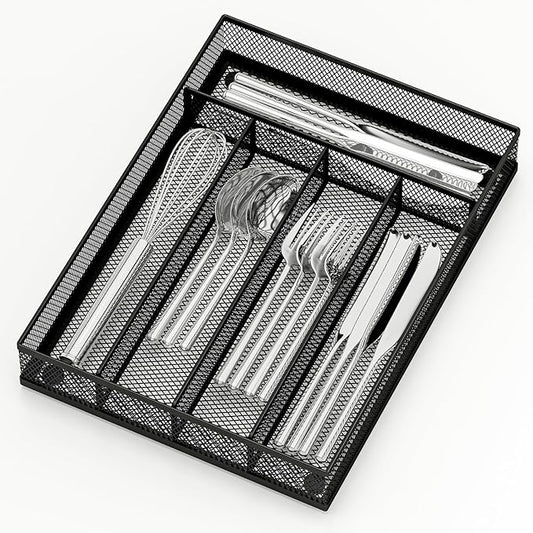 Kitchen Drawer Organizer Flatware Organizer，Drawer Dividers with 5 Compartment，Silverware Organizer Metal Mesh Cutlery Tray Mesh Organizer (9.3" x 12.6 ")