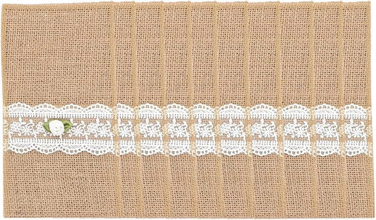 AOKQYA Wedding Utensil Holders - White Rose Lace Burlap Flatware Pouch for Cutlery Table Setting Set of 10 (Rose)