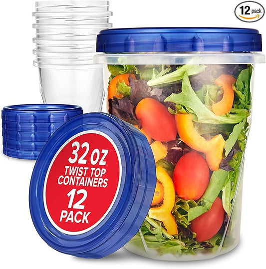 Stock Your Home 32oz Plastic Containers with Twist Top Lids (12 Pack), Quart Freezer Containers with Airtight Lids for Leftover Food, Microwave and Dishwasher Safe