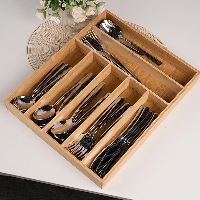 Silverware Organizer Bamboo Kitchen Drawer Organizer with 7 Slots Flatware Organizer Tray for Kitchen, Flatware, Utensils(Natural)