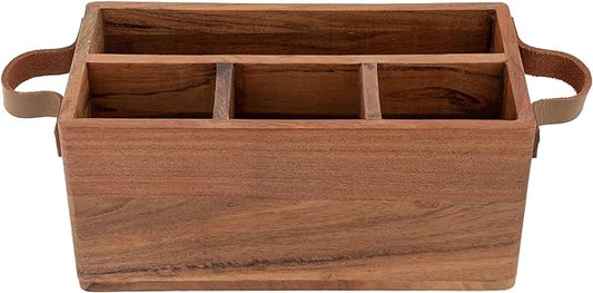 Karma Acacia Silverware Leather Handles Wooden Napkin and Utensil Caddy, One size, Brown