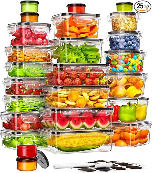 50 Piece Food Storage Containers with Lids(25 Containers & 25 Lids), BPA-Free Plastic Food Containers for Kitchen Storage and Organization, Leak Proof Meal Prep Container, Includes Labels & Pen