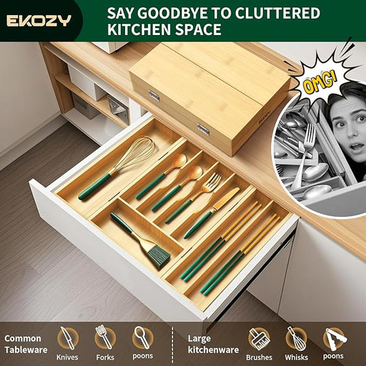 100% Bamboo Kitchen Drawer Organizer, 180° Flip Lid Feature Silverware Organizer for Cutlery Utensil, Cutlery Tray, 8 Slots with Dividers, Waterproof, Non-Slip, for Farmhouse to Modern Kitchen