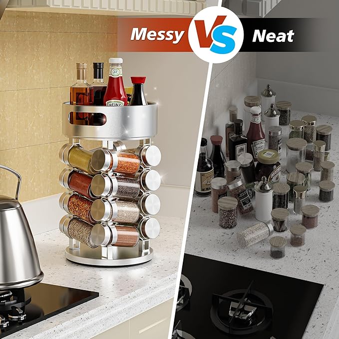 2 Tier Rotating Spice Rack Set With 16 Jars and Extra Top Tray, Revolving Spice Tower Organizer for Kitchen Spice and Seasonings, Aluminum Spice Tower,Reusable Labels, White Pen and Funnel Included