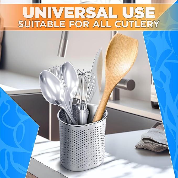 Perforated Stainless Steel Chopstick Holder – Drying Basket for Chopsticks & Utensils, Compact Oval Design with Hook for Kitchen Organization, Easy Storage and Utensil Drying, Sturdy & Dishwasher Safe