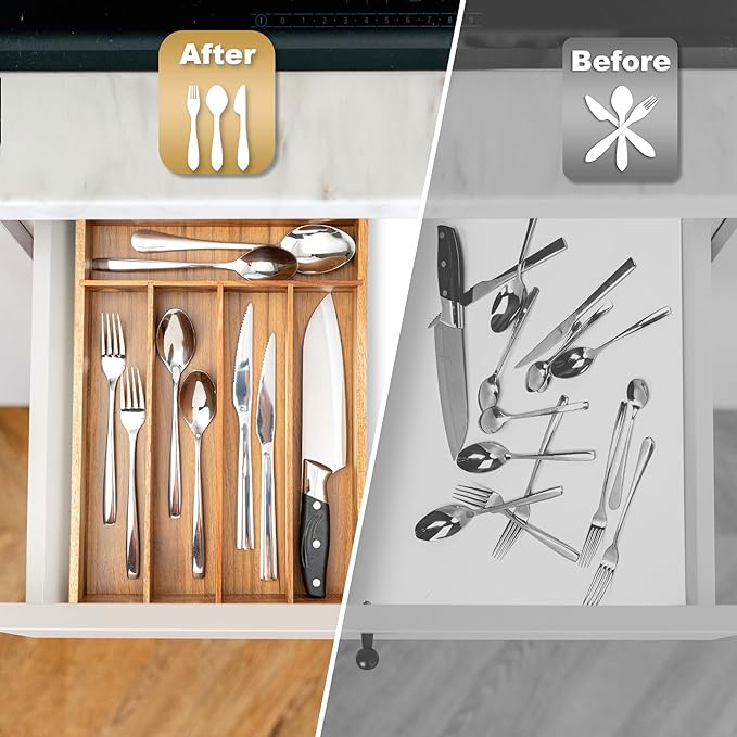 Silverware Organizer Acacia Kitchen Drawer Organizer Utensil Organizer Silverware Holder Cutlery Organizer in drawer Flatware Organizer Tray (Acacia 5 Slots)