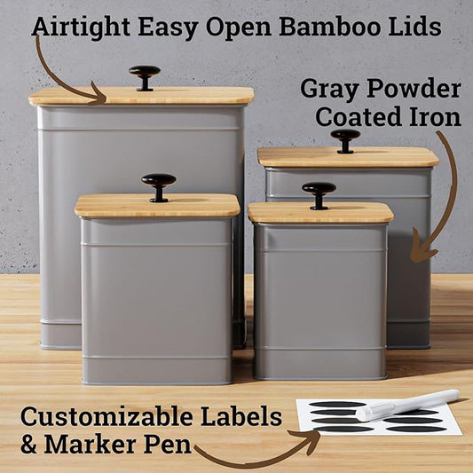 Kitchen Canisters for Countertop Set of 4 with Customizable Chalkboard Labels & Marker Pen - Big Iron Kitchen Canisters with Airtight Lids - Gray Canister Set - Flour and Sugar Containers Farmhouse