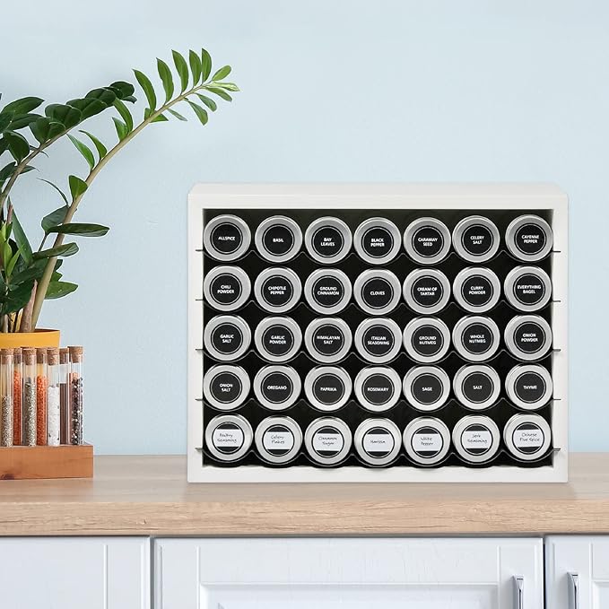Excello Global Products Hanging Spice Rack - Includes 35 Glass Spice Jars and Accessories (White)