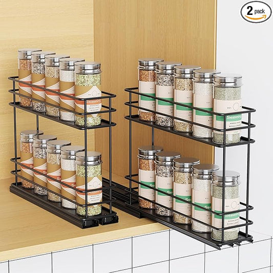 Pull Out Spice Rack Organizer for Cabinet, Slide Out Spice Racks, Easy to Install Spice Cabinet Organizers, 2.75''Wx10.35''Dx8.26''H, 2 Drawer 2 Tiers(Black