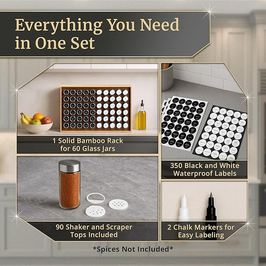 BOURBON & BARREL Wooden Spice Rack Organizer with Glass Jars | Stainless Steel Lids | Bamboo Countertop Spice Organization | 350 Waterproof Spice Labels | 2 Chalk Markers | 60 4oz Jars [Bamboo]
