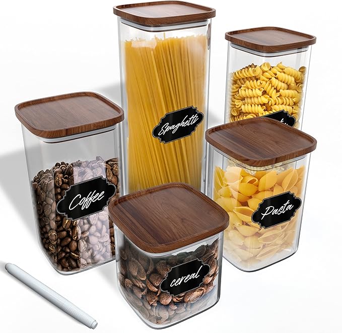 Square Glass Jars with Wood Lids Set of (2) 52 fl oz Airtight and Stackable ECO Storage Containers for Kitchen Pantry Wooden Lid BPA Free and Recyclable Canister for Food Cookies Coffee Beans