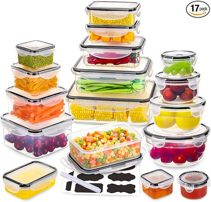 34 PCS Food Storage Containers Set with Airtight Lids (17 Lids &17 Containers) - BPA-Free Plastic Food Container for Kitchen Storage Organization, Fruit Meal-prep Containers with Labels & Marker