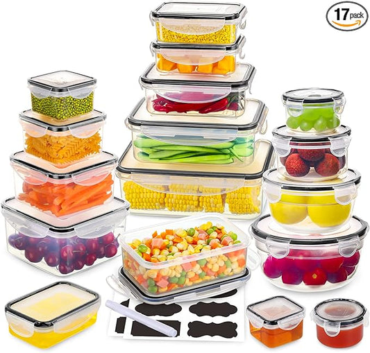 34 PCS Food Storage Containers Set with Airtight Lids (17 Lids &17 Containers) - BPA-Free Plastic Food Container for Kitchen Storage Organization, Fruit Meal-prep Containers with Labels & Marker