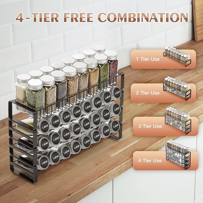 JONYJ 4 Tier Stackable Seasoning Rack Organizer, Detachable Countertop Spice Jar Rack for Cabinet, Freestanding , Black Frosted Iron Kitchen Counter Shelf