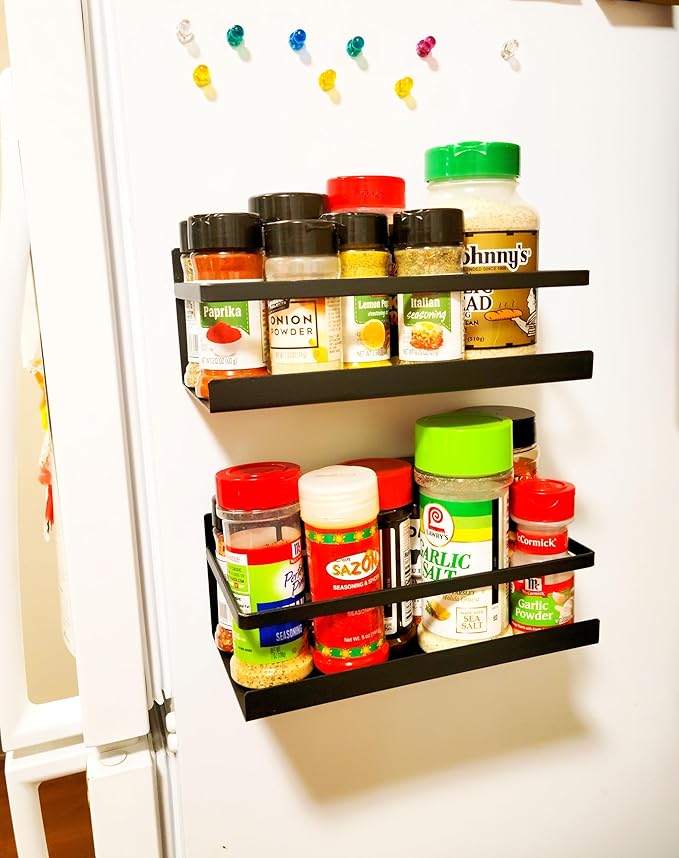 Fridge Spice Rack Organizer Single Tier Magnetic Refrigerator Spice Storage Magnet Shelf, Black,1PC
