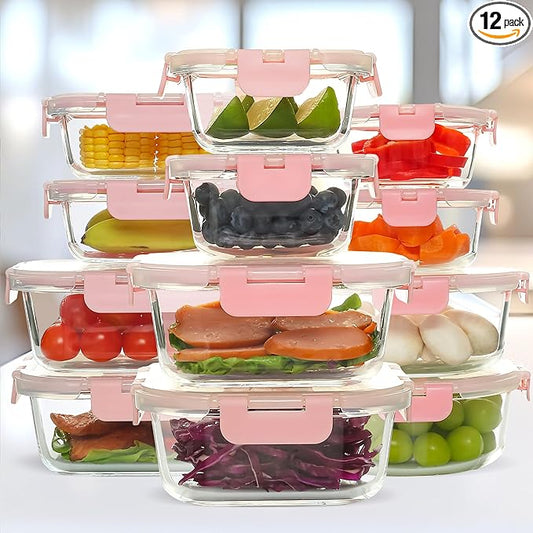 UMEIED 12 PACK Glass Food Storage Containers with Leak Proof Lids, Glass Airtight Meal Prep Containers Set for Lunch, On the Go, Leftover, Kitchen Pantry Organizers and Storage (Pink)