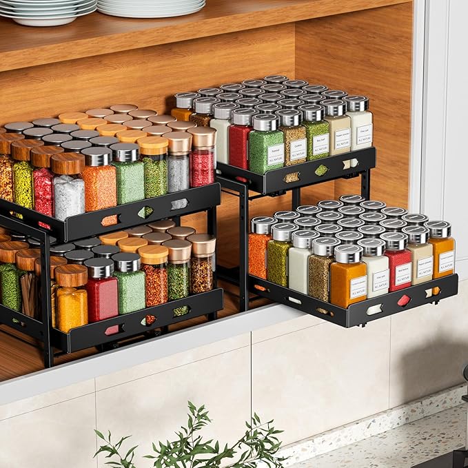 RCHYFEED Pull Out Spice Rack Organizer for Cabinet, 2-Tier Heavy Duty Slide Out Spice Rack for Inside Cabinets & Pantry, Kitchen Seasoning Organizer Vertical Spice Racks,11.9" Wx10.8 Dx9.7 H,Black