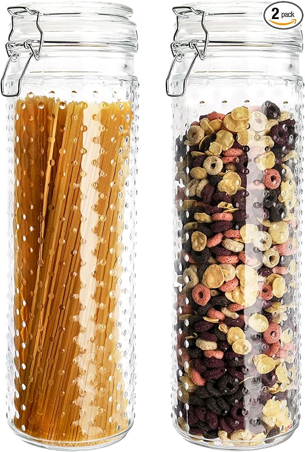 Yesland 2 Pcs 60 Oz Glass Food Storage Jar Canister with Airtight Seal Lid - Large Noodle Holder/Spaghetti Storage Container - Cereal Containers for Kitchen Canning, Pasta, Sugar, Beans and Spice