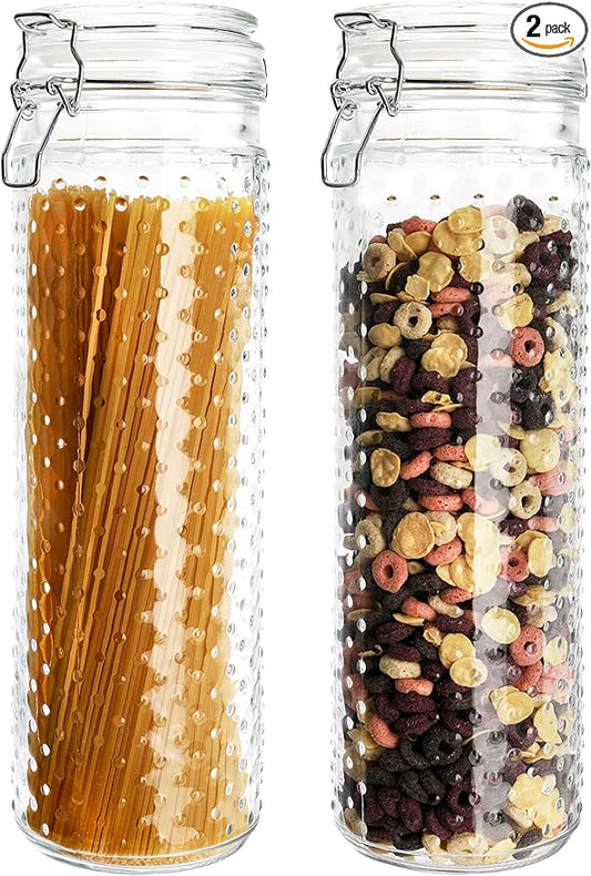 Yesland 2 Pcs 60 Oz Glass Food Storage Jar Canister with Airtight Seal Lid - Large Noodle Holder/Spaghetti Storage Container - Cereal Containers for Kitchen Canning, Pasta, Sugar, Beans and Spice