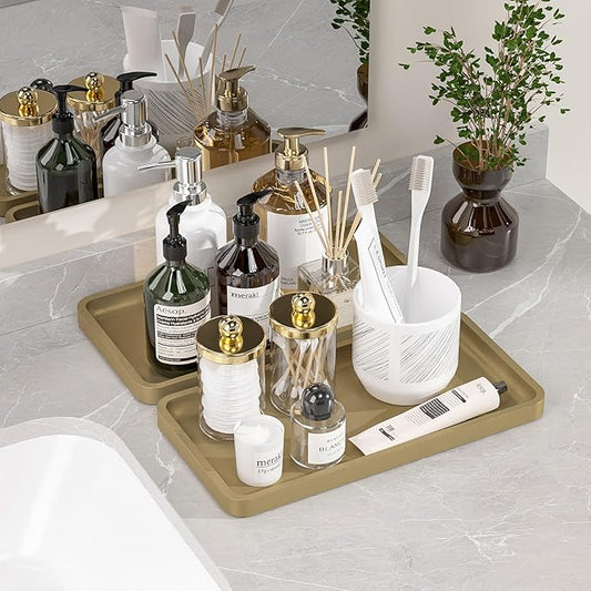 Weenson Gold Bathroom Vanity Tray for Countertop Jewelry Makeup Perfume Candles Decor, Bamboo Kitchen Tray for Soap Dispenser Spice Salt, Gold Tray for Toilet Tank Coffee Nightstand Set of 2
