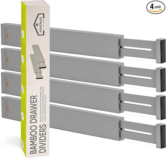 Homemaid Living Bamboo Drawer Dividers Adjustable and Expandable, Kitchen Drawer Organizer, Ideal for Silverware, Dresser Drawer Organizer or Bedroom, Bathroom Drawers Organizers (4pk)